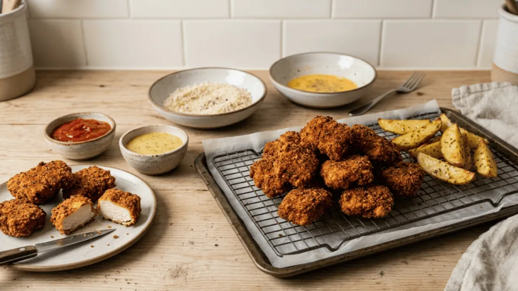 Nuggets de poulet maison croustillants sur une grille, l’un coupé, sauces ketchup et miel-moutarde, panure à côté