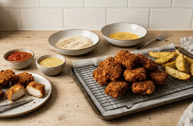 Nuggets de poulet maison croustillants sur une grille, l’un coupé, sauces ketchup et miel-moutarde, panure à côté