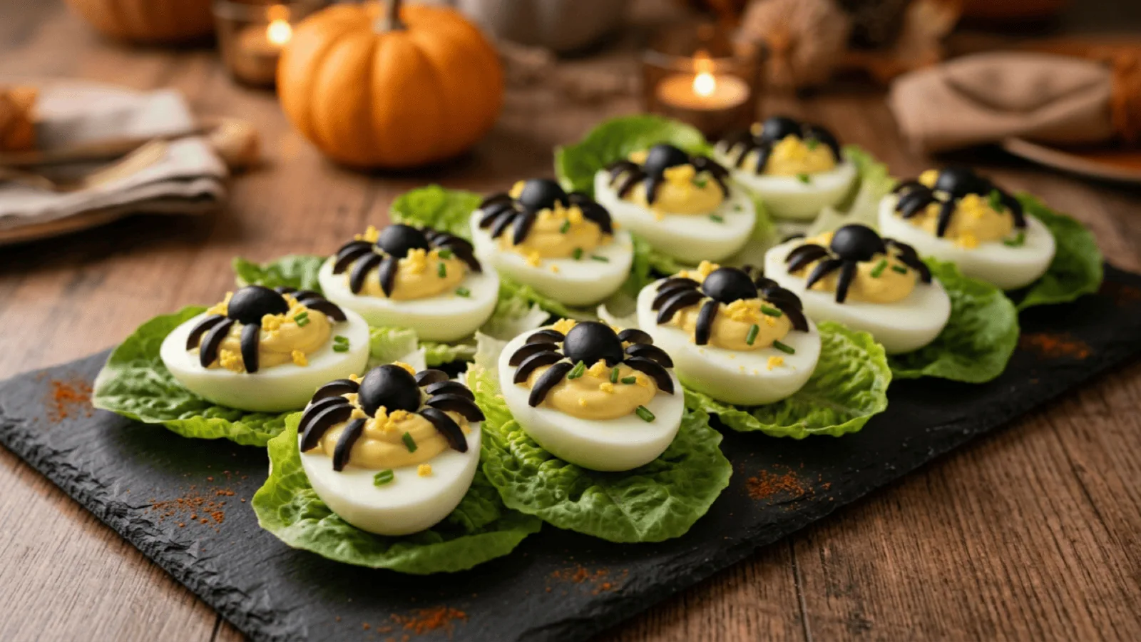 Œufs araignées : œufs mimosa garnis d’une araignée en olive noire, sur un lit de laitue et une ardoise