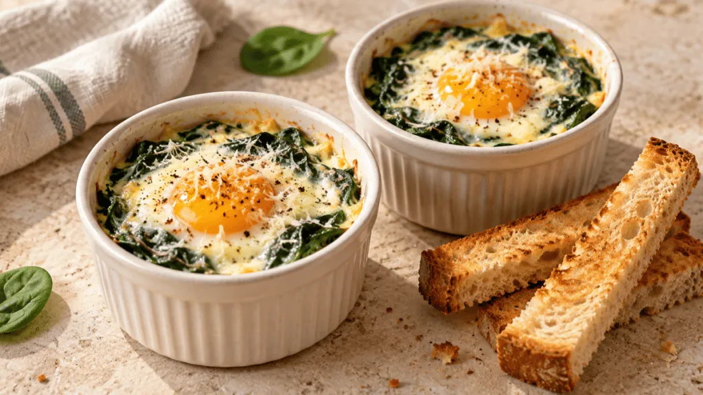 Œufs cocotte aux épinards et parmesan avec mouillettes grillées