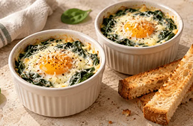Œufs cocotte aux épinards et parmesan avec mouillettes grillées