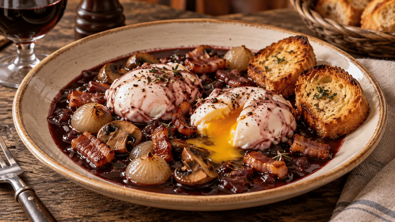 Œufs pochés en sauce meurette au vin rouge avec lardons, champignons, oignons et croûtons