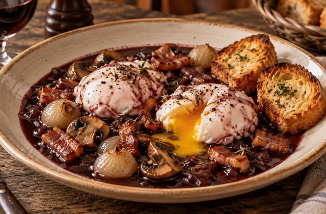 Œufs pochés en sauce meurette au vin rouge avec lardons, champignons, oignons et croûtons