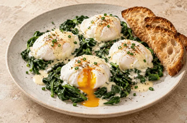 Œufs pochés à la florentine avec épinards et pain grillé