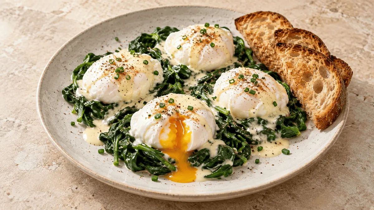 Œufs pochés à la florentine avec épinards et pain grillé