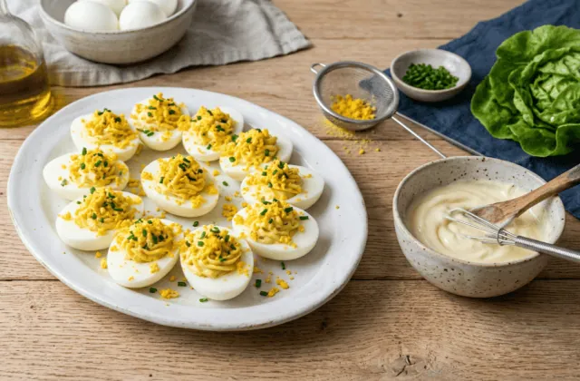 Œufs mimosa classiques sur un plat, jaunes à la mayonnaise maison et mimosa de jaune tamisé à la ciboulette