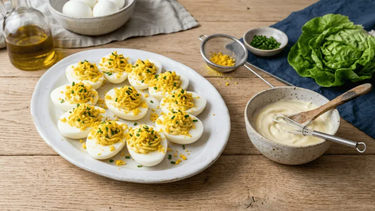 Œufs mimosa classiques sur un plat, jaunes à la mayonnaise maison et mimosa de jaune tamisé à la ciboulette