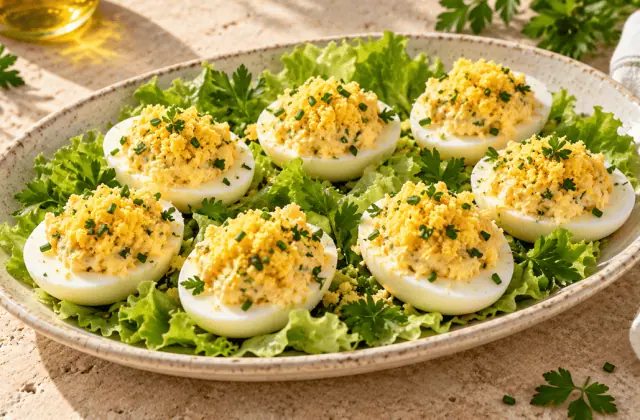 Œufs mimosa traditionnels servis sur un lit de salade avec jaune tamisé et ciboulette