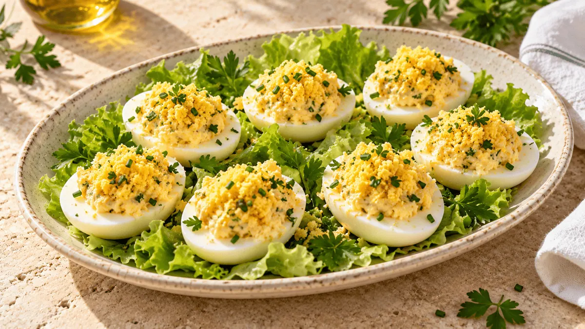Œufs mimosa traditionnels servis sur un lit de salade avec jaune tamisé et ciboulette