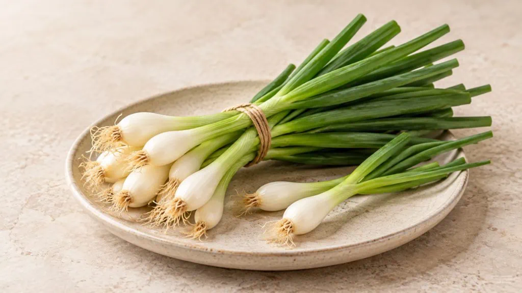 Botte d’oignons nouveaux avec bulbes blancs et tiges vertes