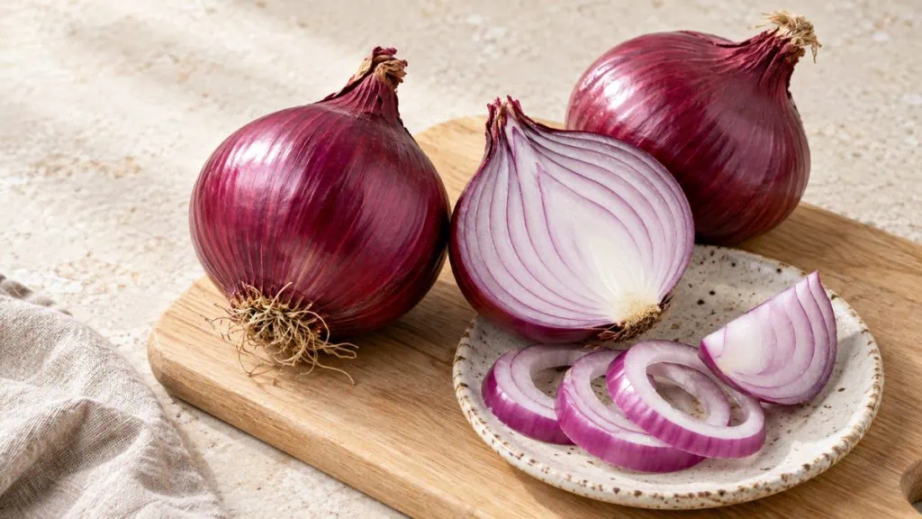 Oignons rouges entiers, coupés en deux et en rondelles sur une planche claire