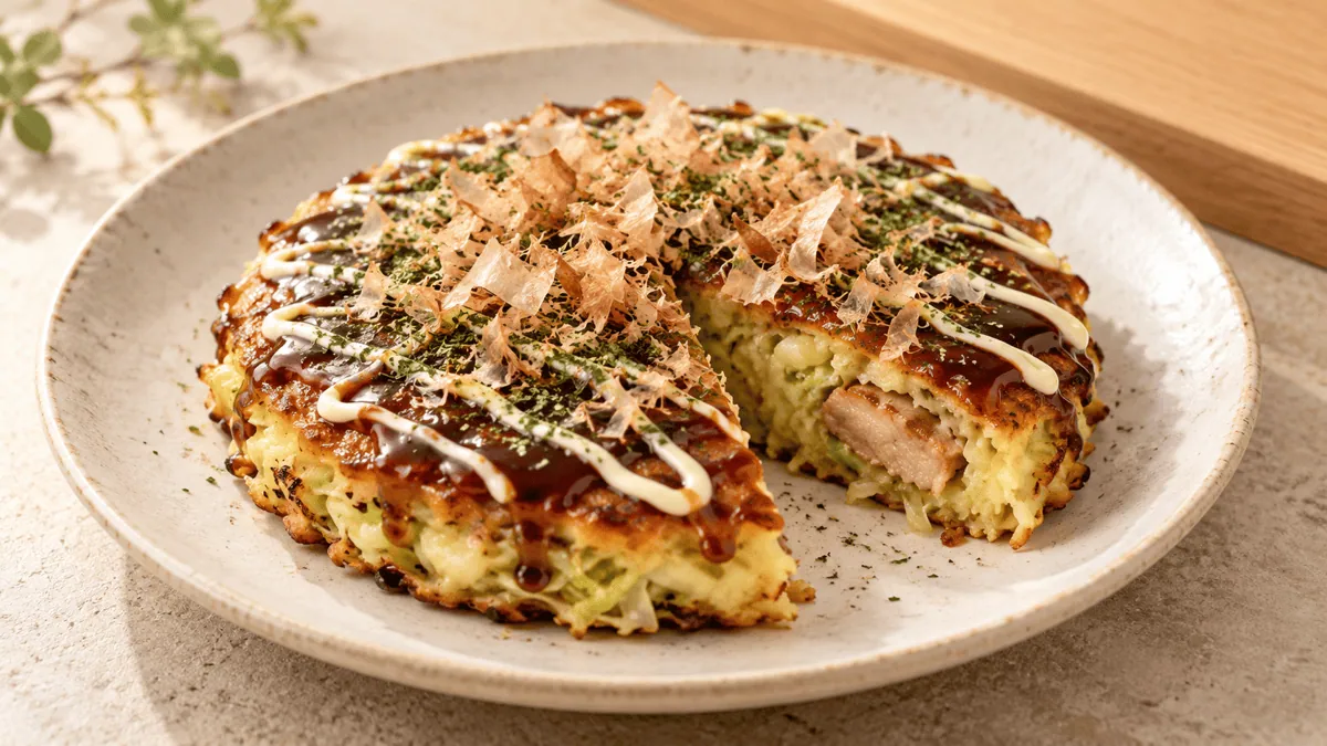 Okonomiyaki d’Osaka au chou et porc avec sauce, mayonnaise et bonite
