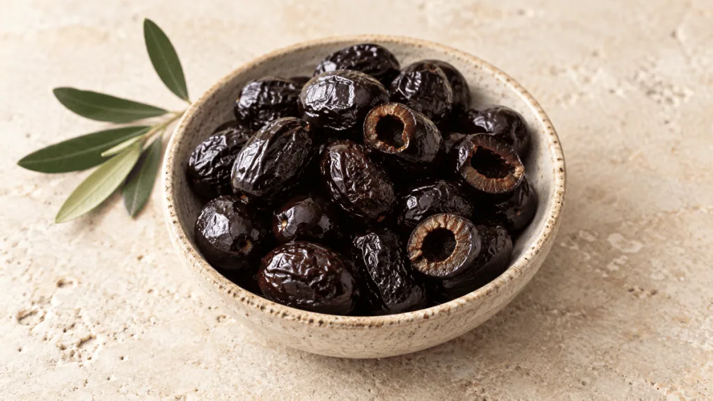 Olives noires mûres portugaises en coupelle