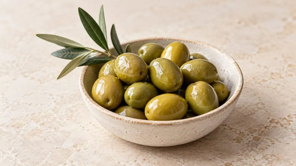 Olives vertes entières dans une coupelle en grès