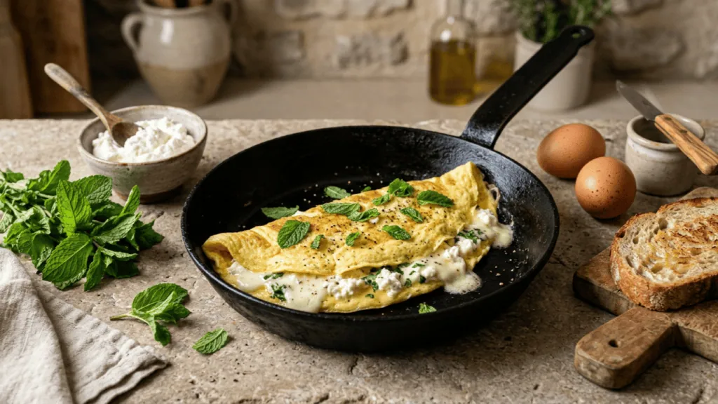 Omelette au brocciu et à la menthe dans une poêle, brocciu fondant et feuilles de menthe, œufs et pain grillé