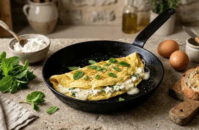Omelette au brocciu et à la menthe dans une poêle, brocciu fondant et feuilles de menthe, œufs et pain grillé