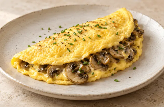 Omelette moelleuse garnie de champignons de Paris sautés