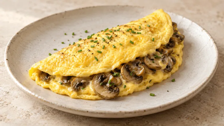 Omelette moelleuse garnie de champignons de Paris sautés