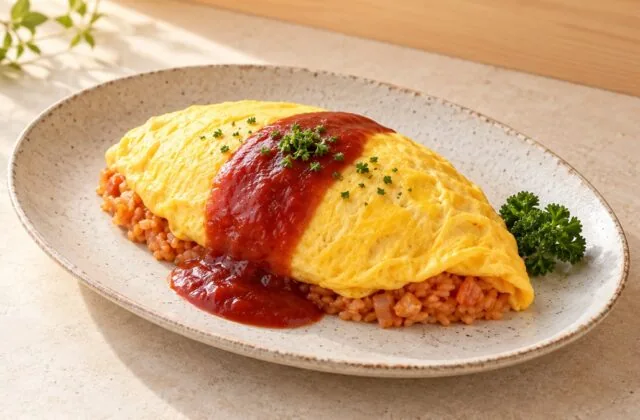 Omurice japonais, omelette tendre enveloppant un riz sauté