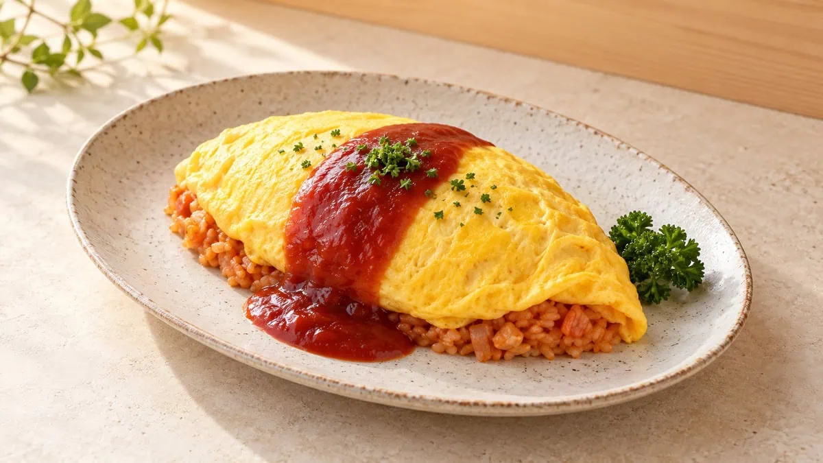 Omurice japonais, omelette tendre enveloppant un riz sauté
