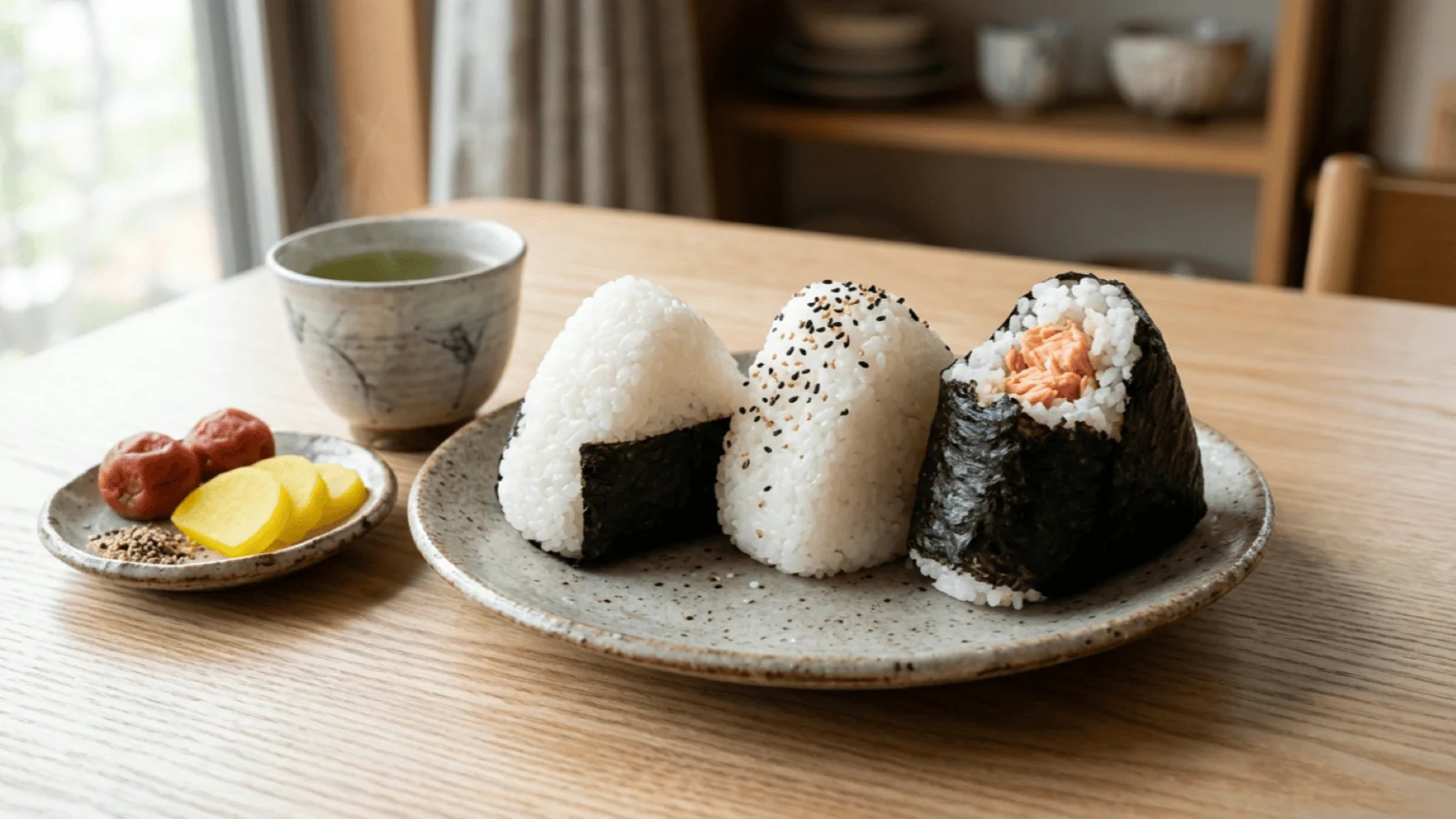 Trois onigiri triangulaires au nori et au sésame, dont un croqué montrant le saumon grillé, avec umeboshi, takuan et thé vert