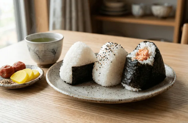 Trois onigiri triangulaires au nori et au sésame, dont un croqué montrant le saumon grillé, avec umeboshi, takuan et thé vert