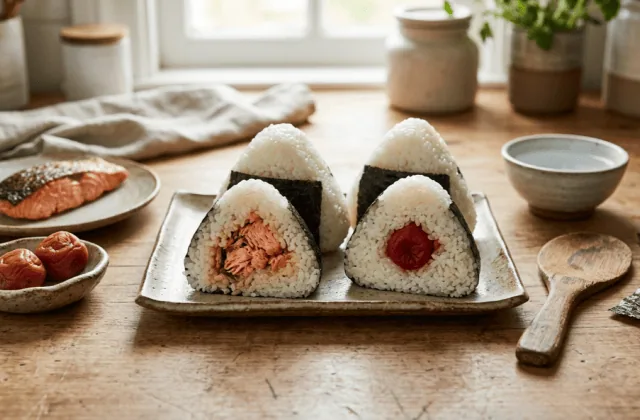 Onigiri maison coupés en deux, l’un au saumon grillé, l’autre à l’umeboshi