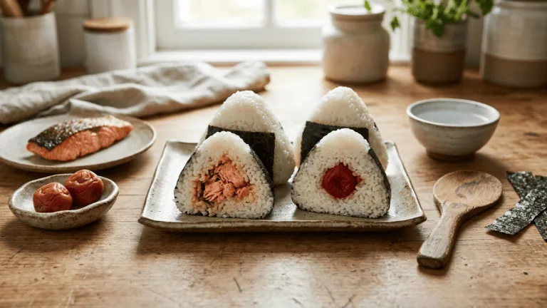 Onigiri maison coupés en deux, l’un au saumon grillé, l’autre à l’umeboshi