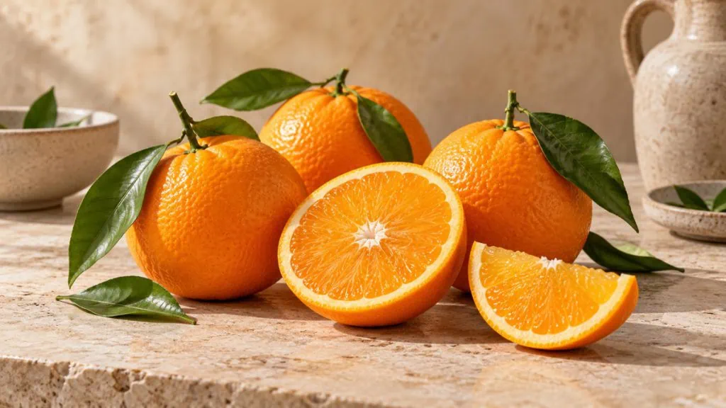 Oranges fraîches entières et coupées