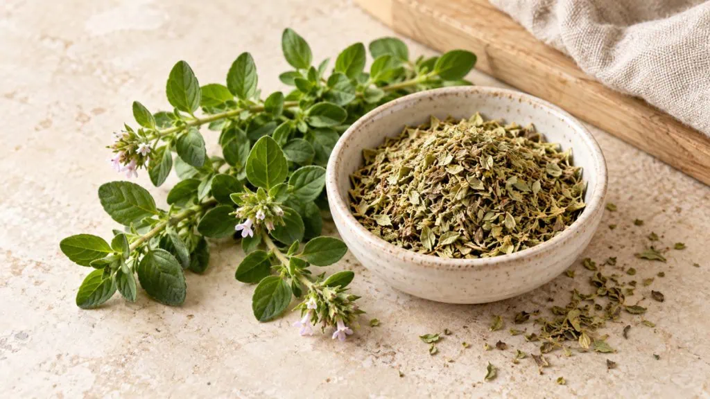 Rameaux d’origan frais et origan séché dans un bol en grès clair
