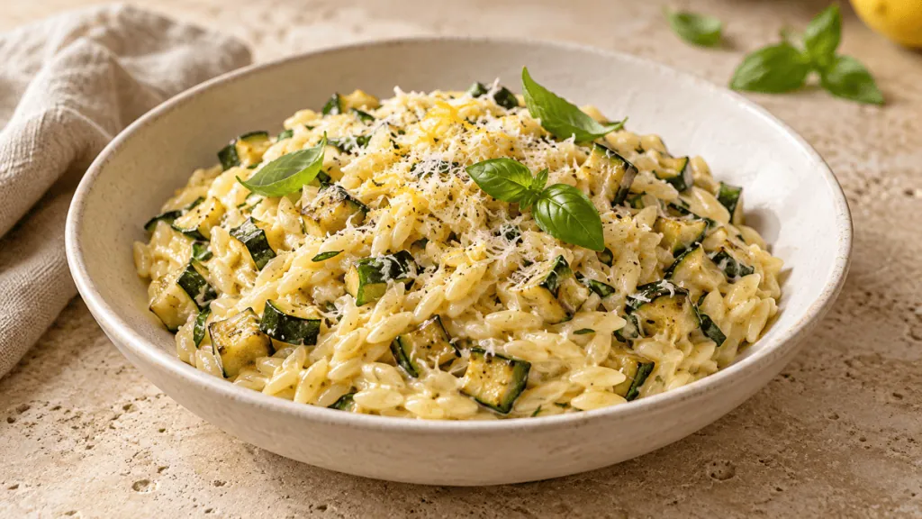 Orzo crémeux aux courgettes, parmesan, citron et basilic