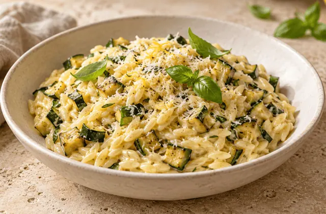 Orzo crémeux aux courgettes, parmesan, citron et basilic