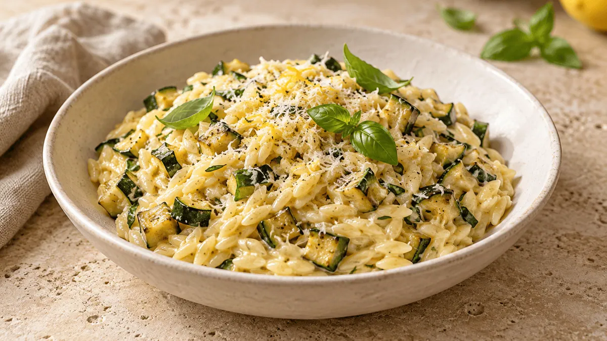 Orzo crémeux aux courgettes, parmesan, citron et basilic