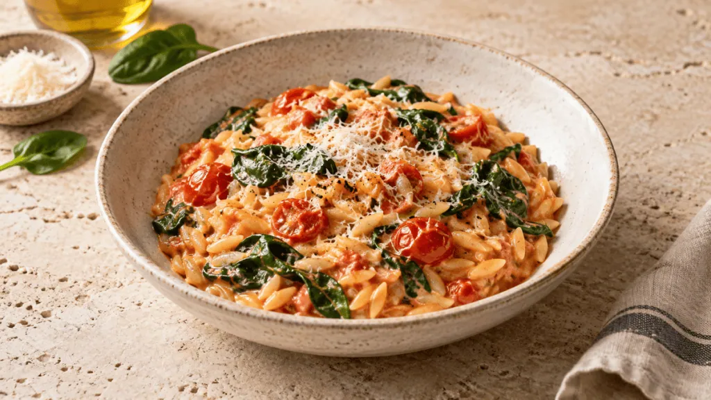 Orzo crémeux aux tomates, épinards et parmesan