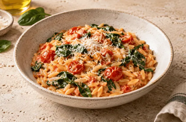 Orzo crémeux aux tomates, épinards et parmesan