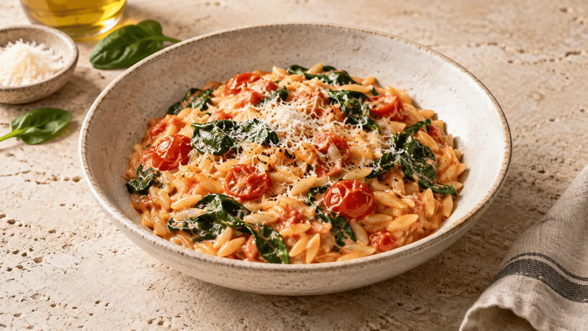 Orzo crémeux aux tomates, épinards et parmesan