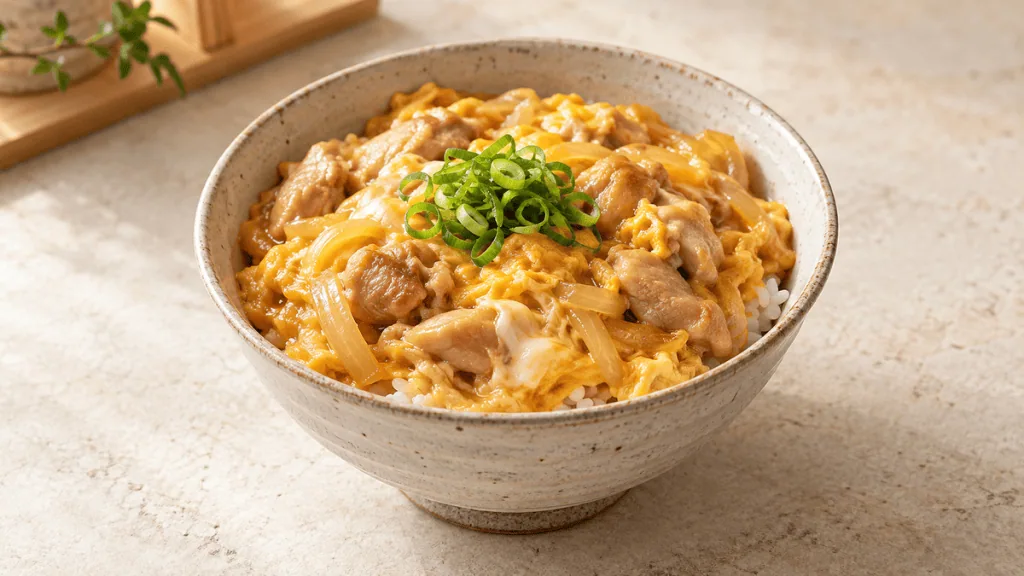 Oyakodon japonais au poulet, œufs fondants et oignon sur riz