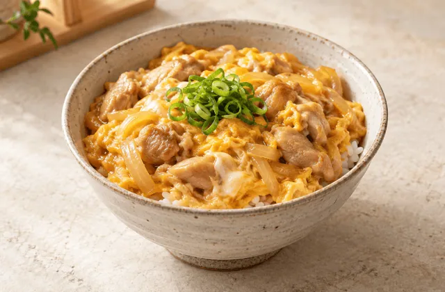 Oyakodon japonais au poulet, œufs fondants et oignon sur riz