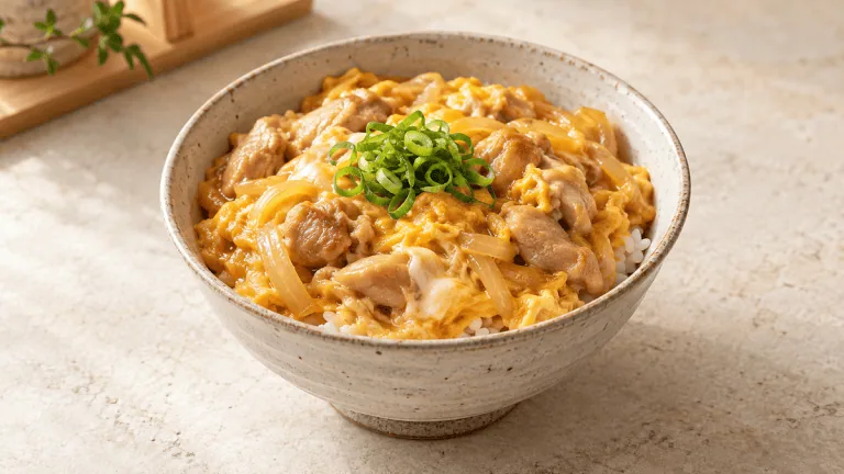 Oyakodon japonais au poulet, œufs fondants et oignon sur riz