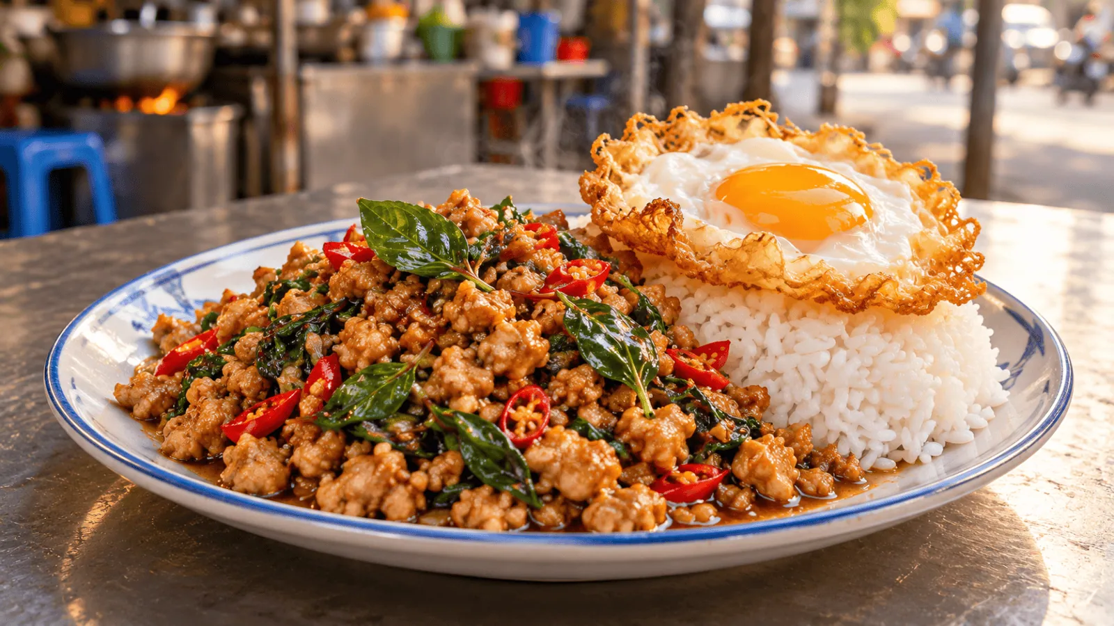 Pad kra pao thaï au poulet, basilic sacré, riz jasmin et œuf frit croustillant