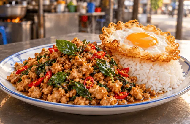 Pad kra pao thaï au poulet, basilic sacré, riz jasmin et œuf frit croustillant