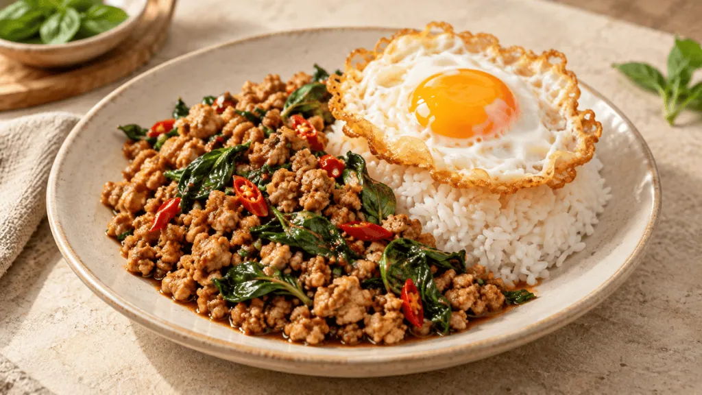 Pad kra pao au poulet haché, basilic thaï, riz et œuf frit