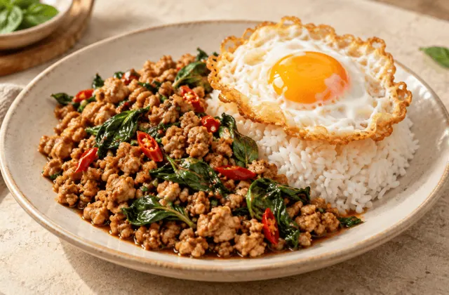 Pad kra pao au poulet haché, basilic thaï, riz et œuf frit