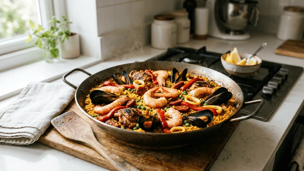 Paella au chorizo, poulet et fruits de mer tout juste terminée en cuisine, prête à reposer sous un torchon