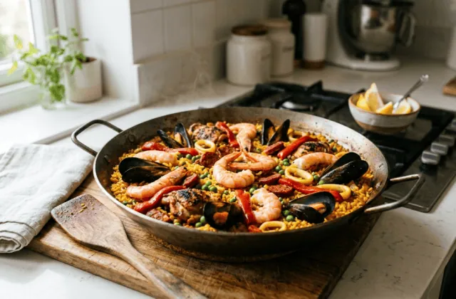 Paella au chorizo, poulet et fruits de mer tout juste terminée en cuisine, prête à reposer sous un torchon