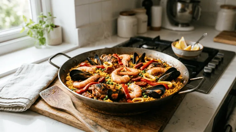 Paella au chorizo, poulet et fruits de mer tout juste terminée en cuisine, prête à reposer sous un torchon