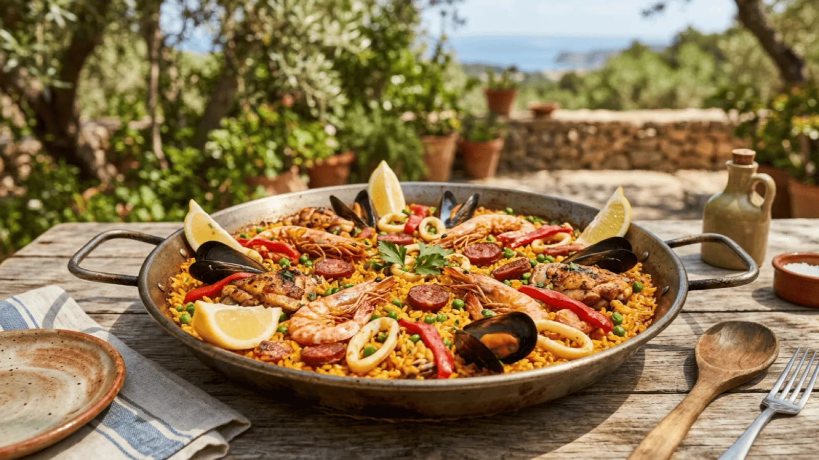 Paella mixte au poulet, chorizo, gambas, moules et calamars dans sa paellera, avec quartiers de citron