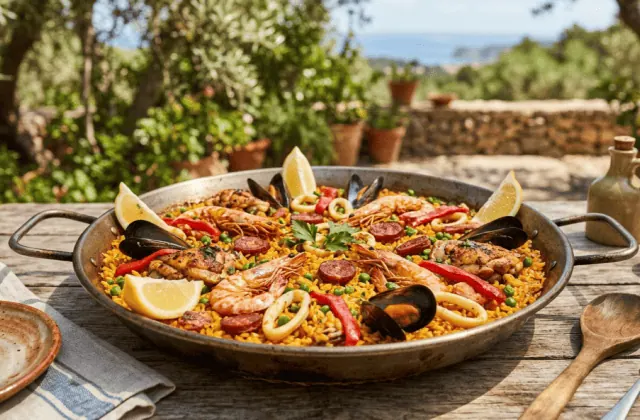 Paella mixte au poulet, chorizo, gambas, moules et calamars dans sa paellera, avec quartiers de citron
