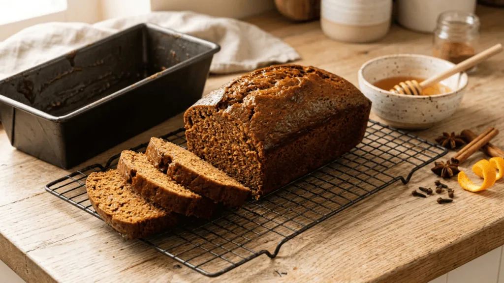 Pain d’épices maison au miel démoulé sur une grille, tranches de mie dense, miel, anis étoilé, cannelle et zeste d’orange