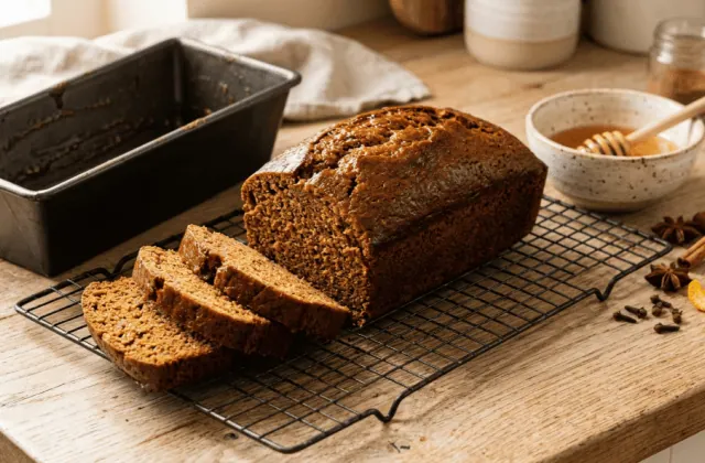 Pain d’épices maison au miel démoulé sur une grille, tranches de mie dense, miel, anis étoilé, cannelle et zeste d’orange